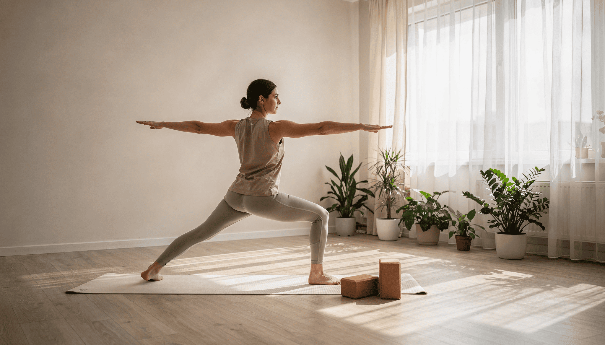 Kvinna utför yoga i en ljus och luftig lokal, omgiven av grön växtlighet och mattor i naturtoner