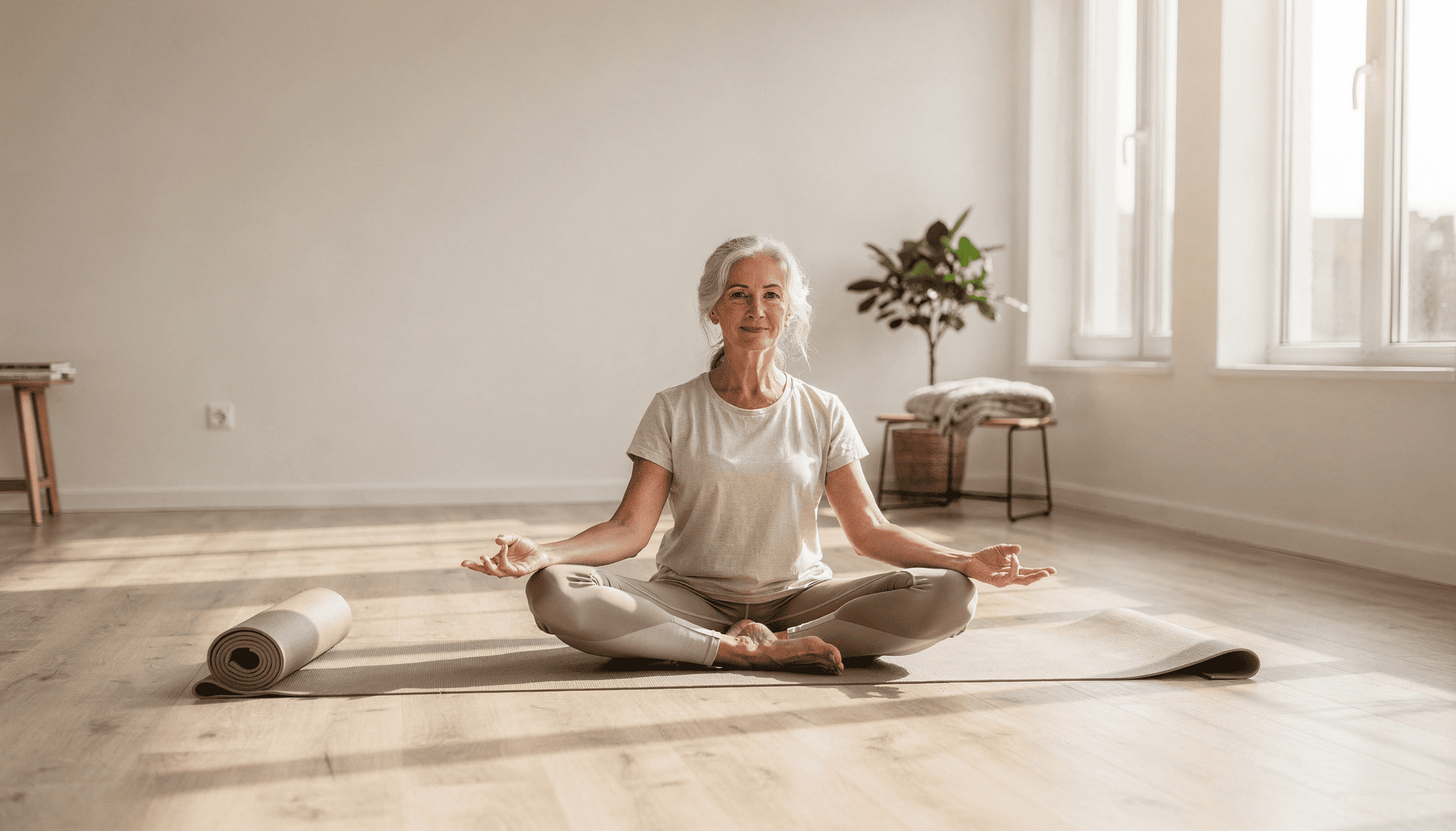 En äldre kvinna med grått hår sitter avslappnat på en yogamatta och mediterar i ett ljust rum